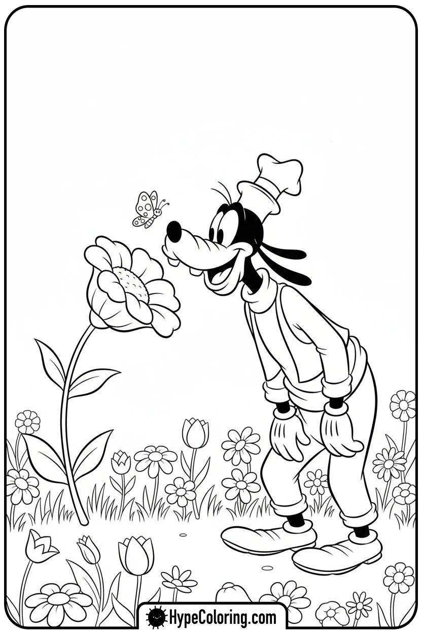 Click to download PDF goofy-smelling-flower-with-butterfly - goofy coloring pages