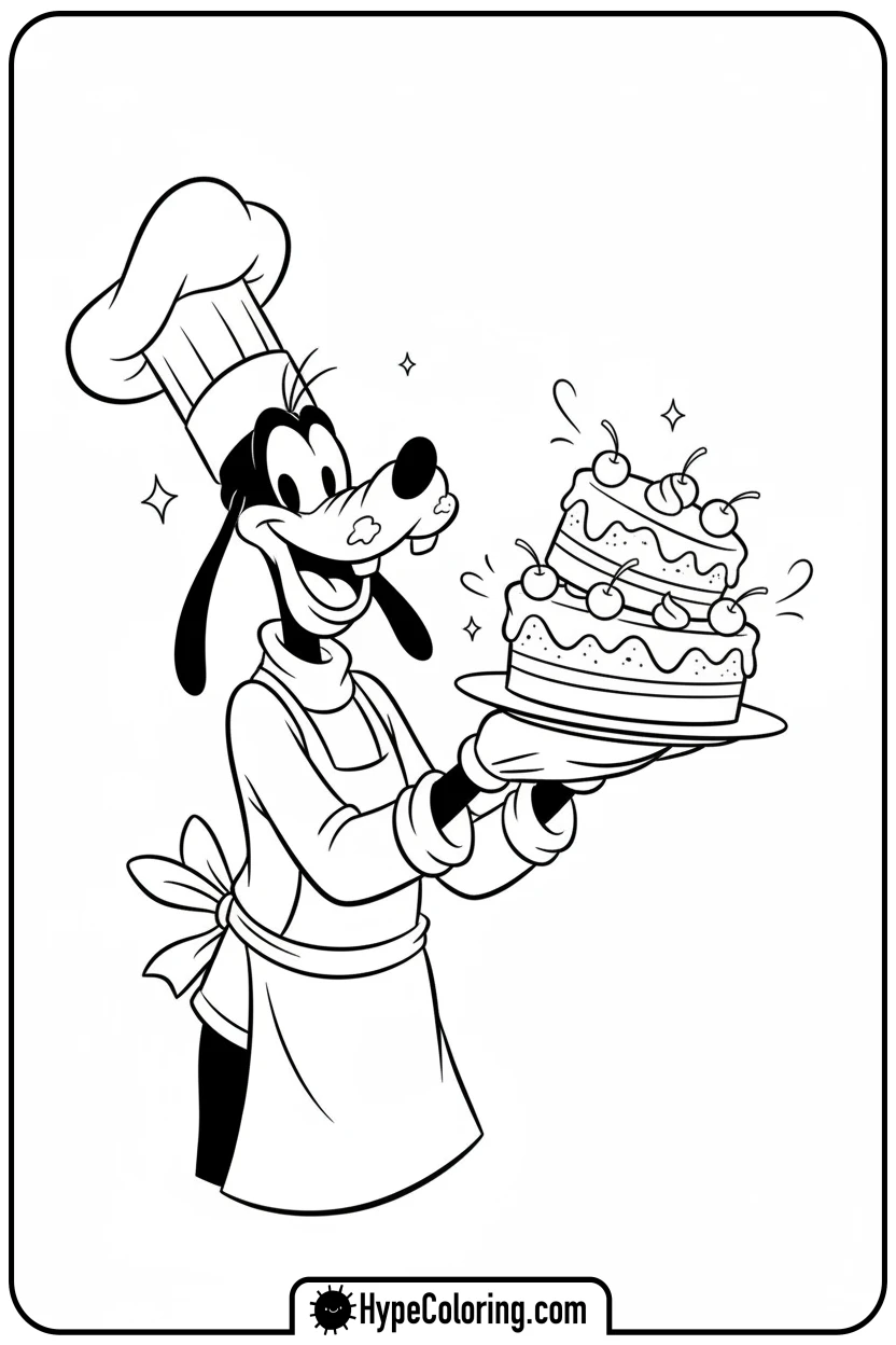 Click to download PDF goofy-holding-baked-cake - goofy coloring pages