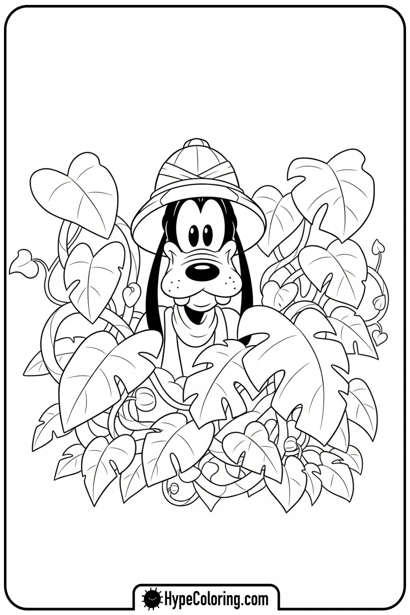Click to download PDF goofy-peeking-from-jungle-plant - goofy coloring pages