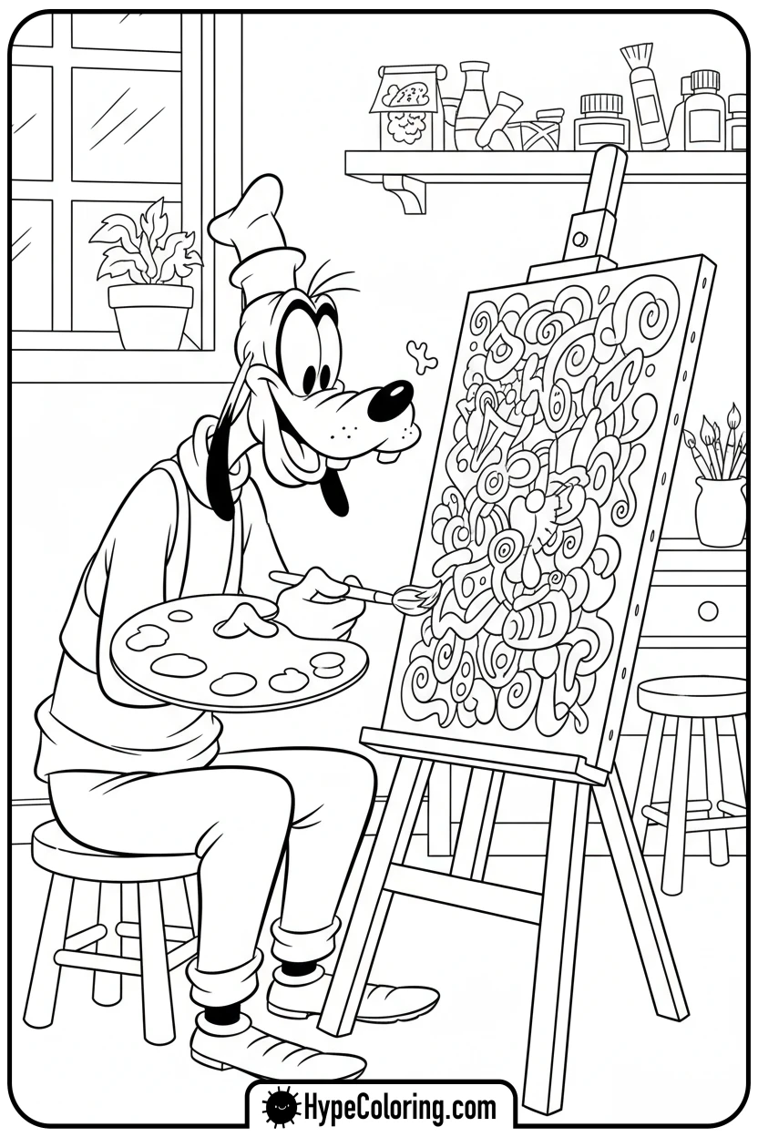 Click to download PDF goofy-painting-at-easel - goofy coloring pages
