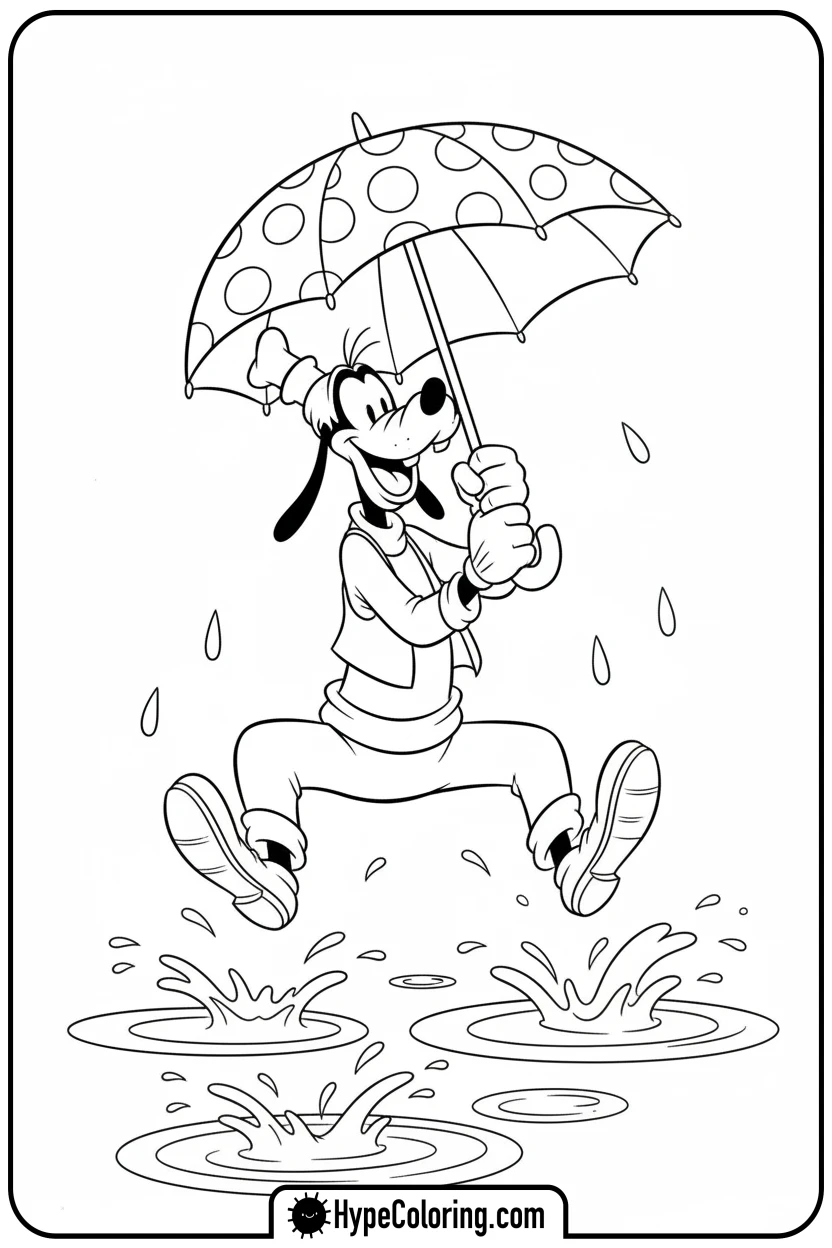 Click to download PDF goofy-skipping-in-rain-with-umbrella - goofy coloring pages