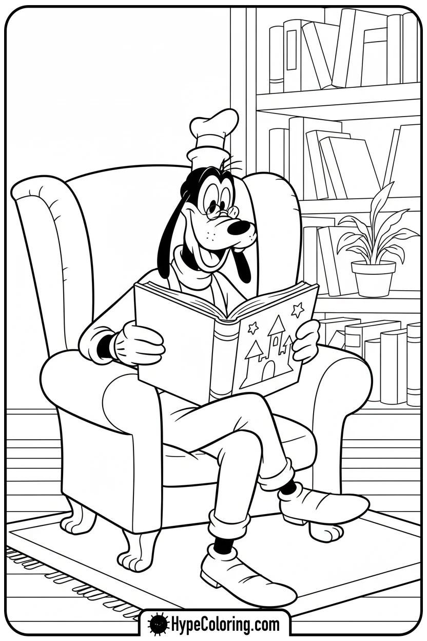 Click to download PDF goofy-reading-book-in-armchair - goofy coloring pages