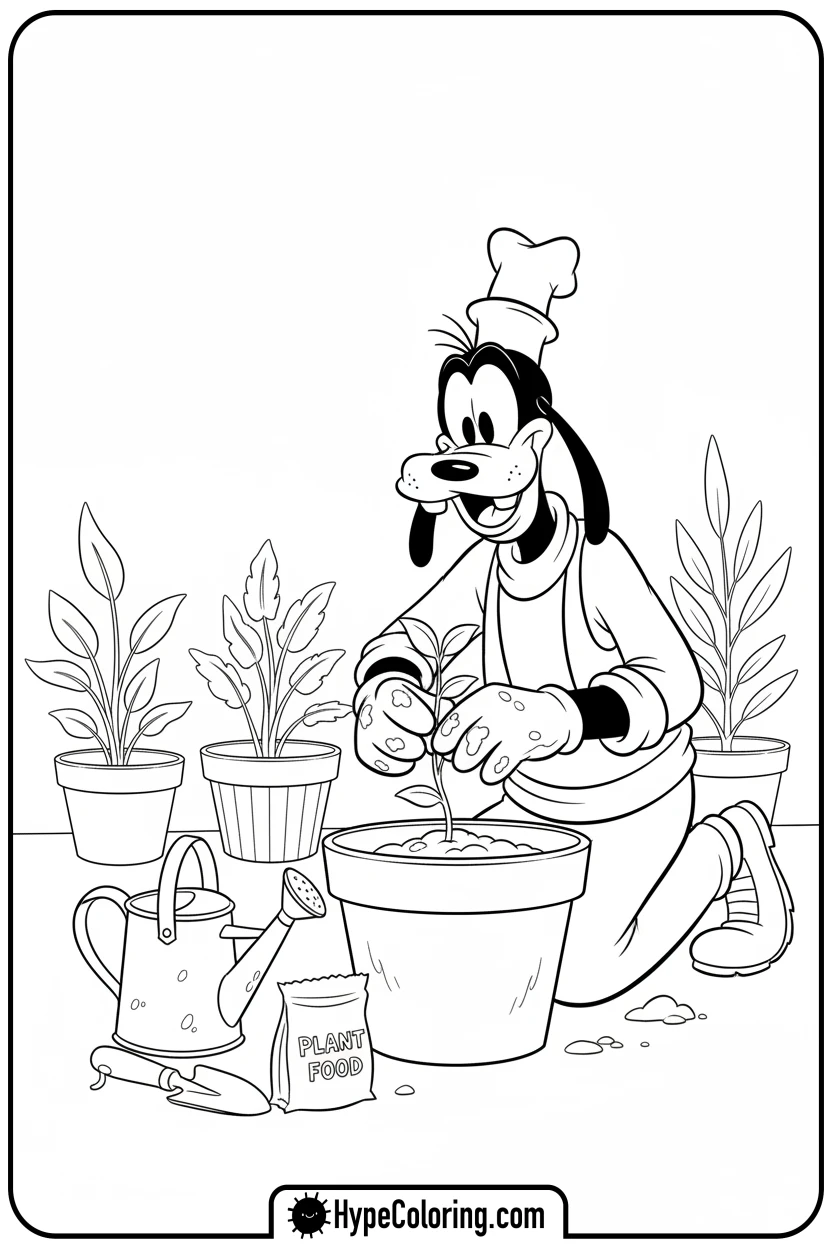 Click to download PDF goofy-planting-a-seedling-in-pot - goofy coloring pages