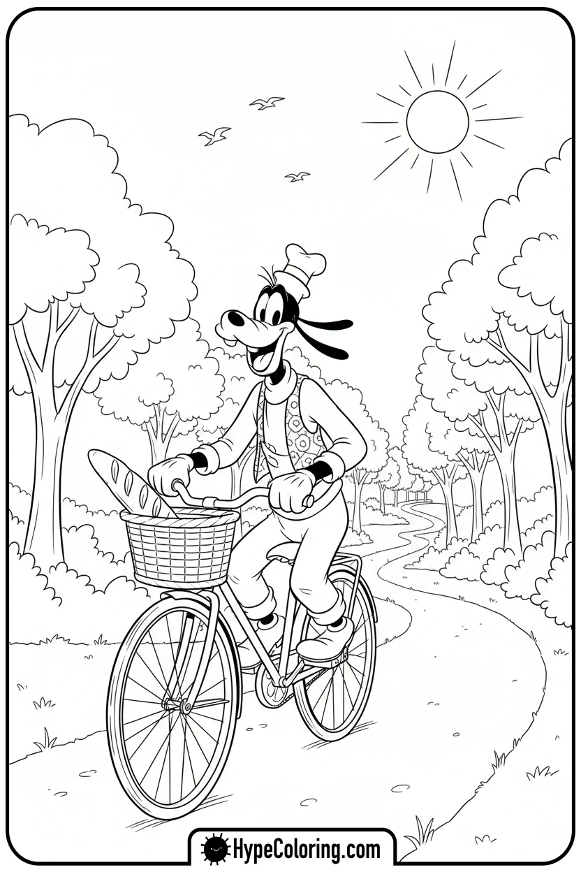 Click to download PDF goofy-riding-bicycle-with-baguette - goofy coloring pages