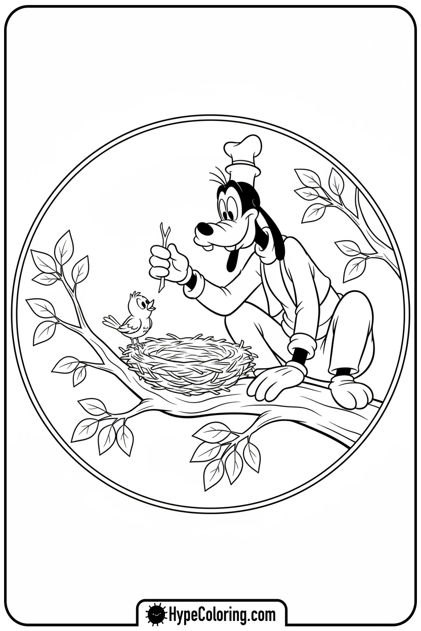 Click to download PDF goofy-helping-bird-build-nest - goofy coloring pages