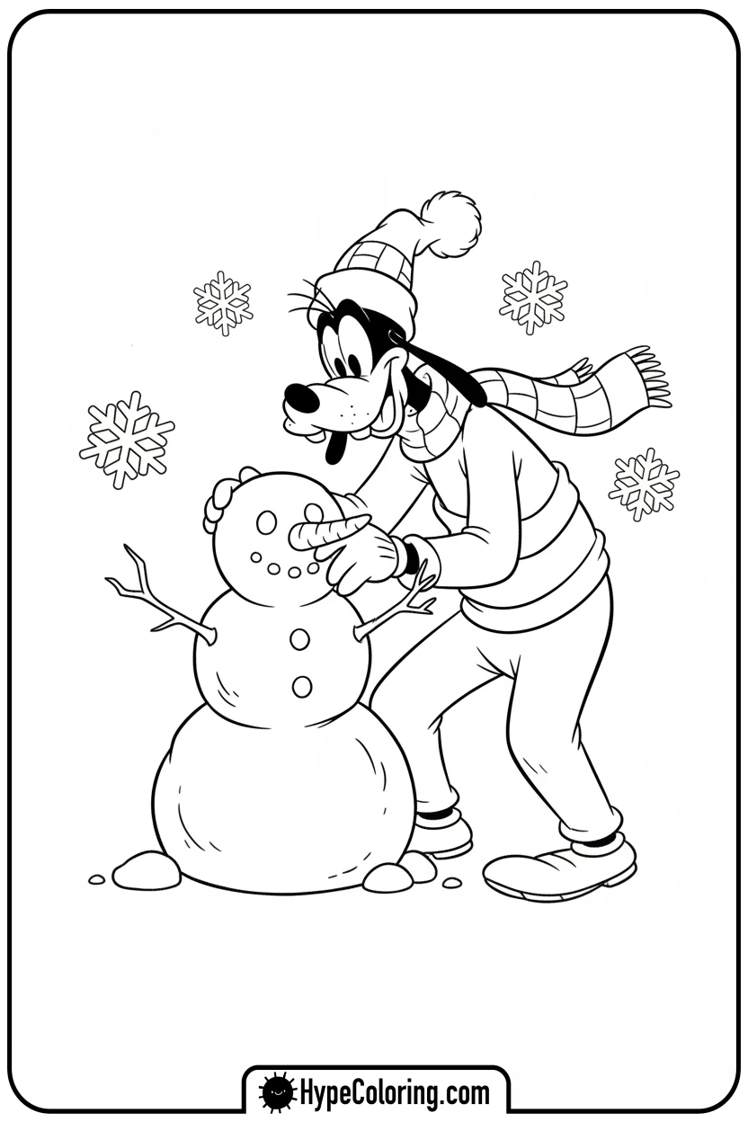 Click to download PDF goofy-building-a-snowman - goofy coloring pages