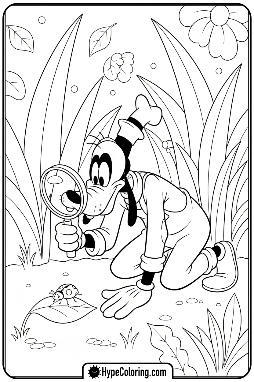 Click to download PDF goofy-examining-ladybug-with-magnifying-glass - goofy coloring pages