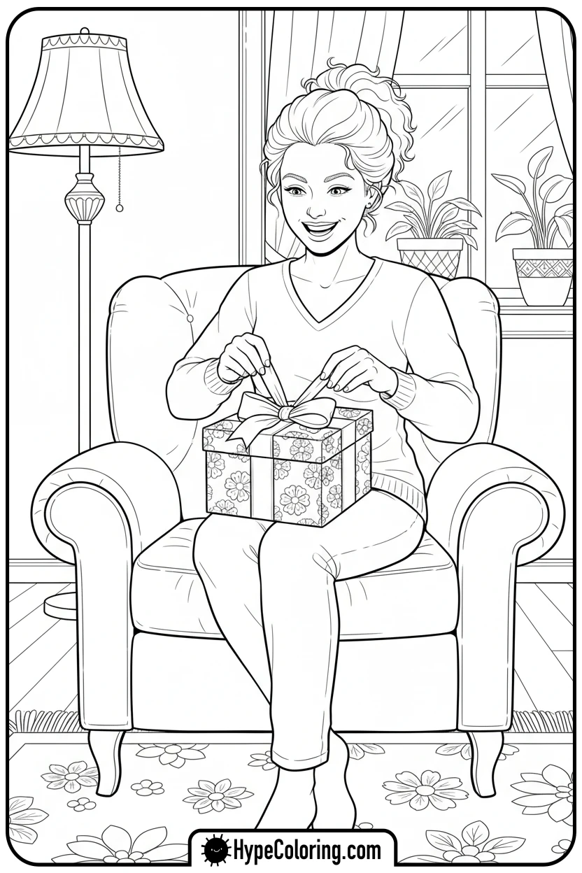 mom-opening-a-present - happy birthday mom coloring page