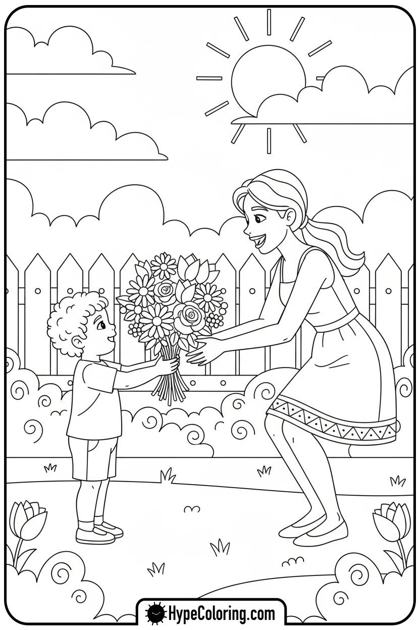 child-giving-flowers-to-mom - happy birthday mom coloring page