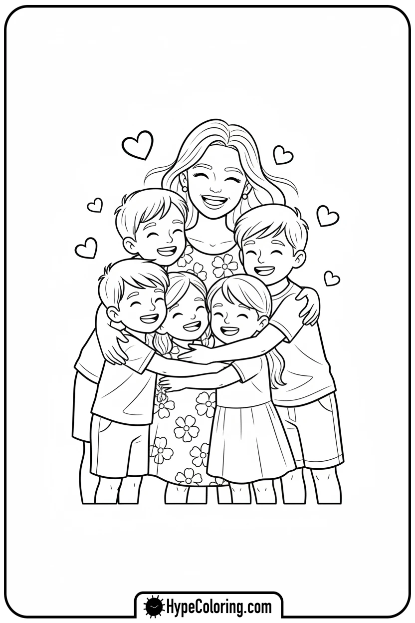 family-hugging-mom - happy birthday mom coloring page