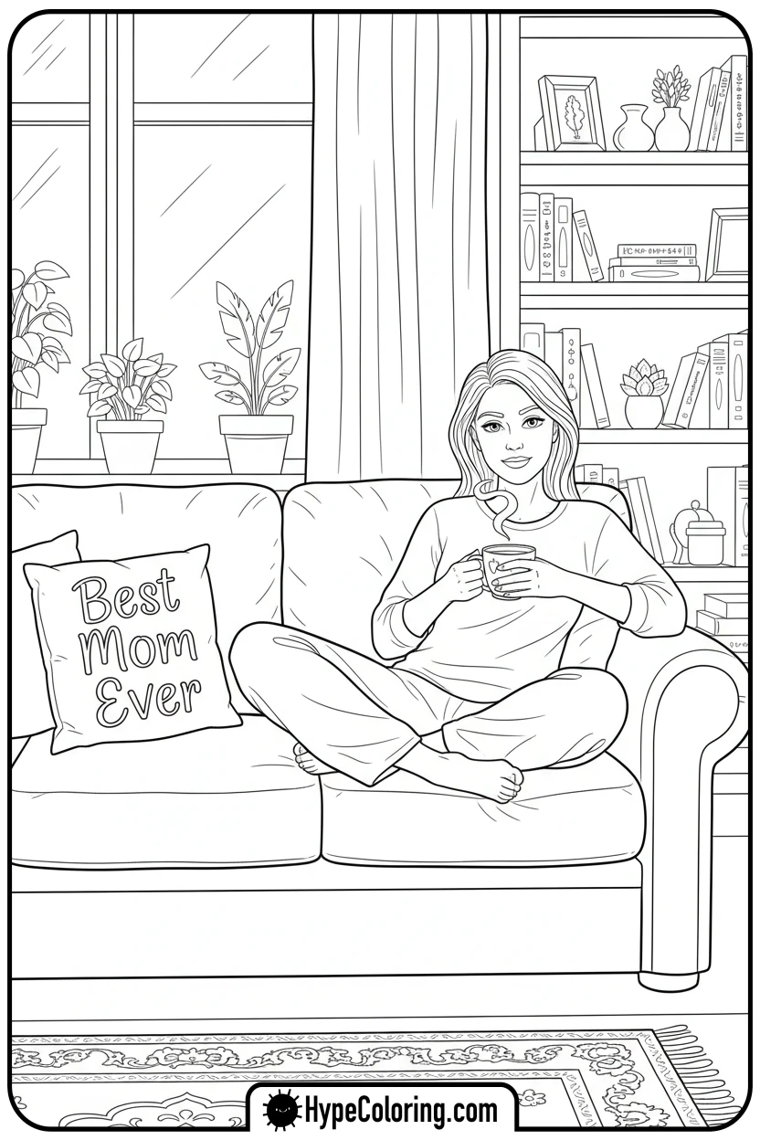 mom-relaxing-with-tea - happy birthday mom coloring page