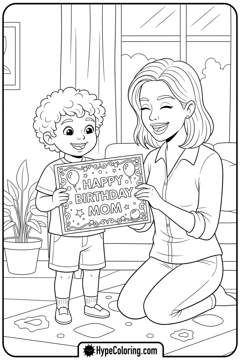 child-showing-mom-a-card - happy birthday mom coloring page