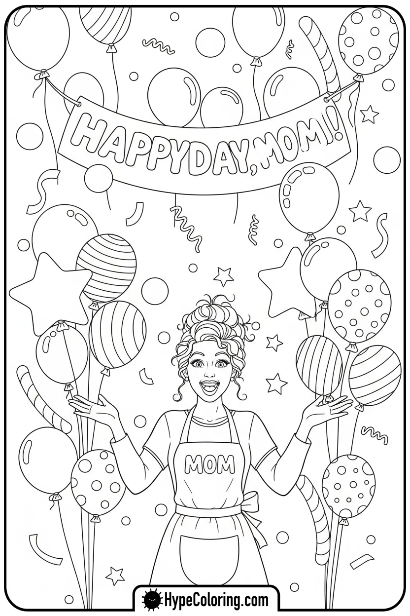 mom-with-balloons-and-confetti - happy birthday mom coloring page