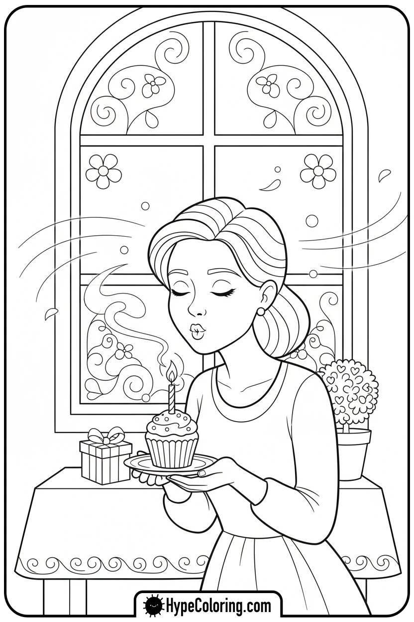 mom-blowing-out-candles-on-cupcake - happy birthday mom coloring page