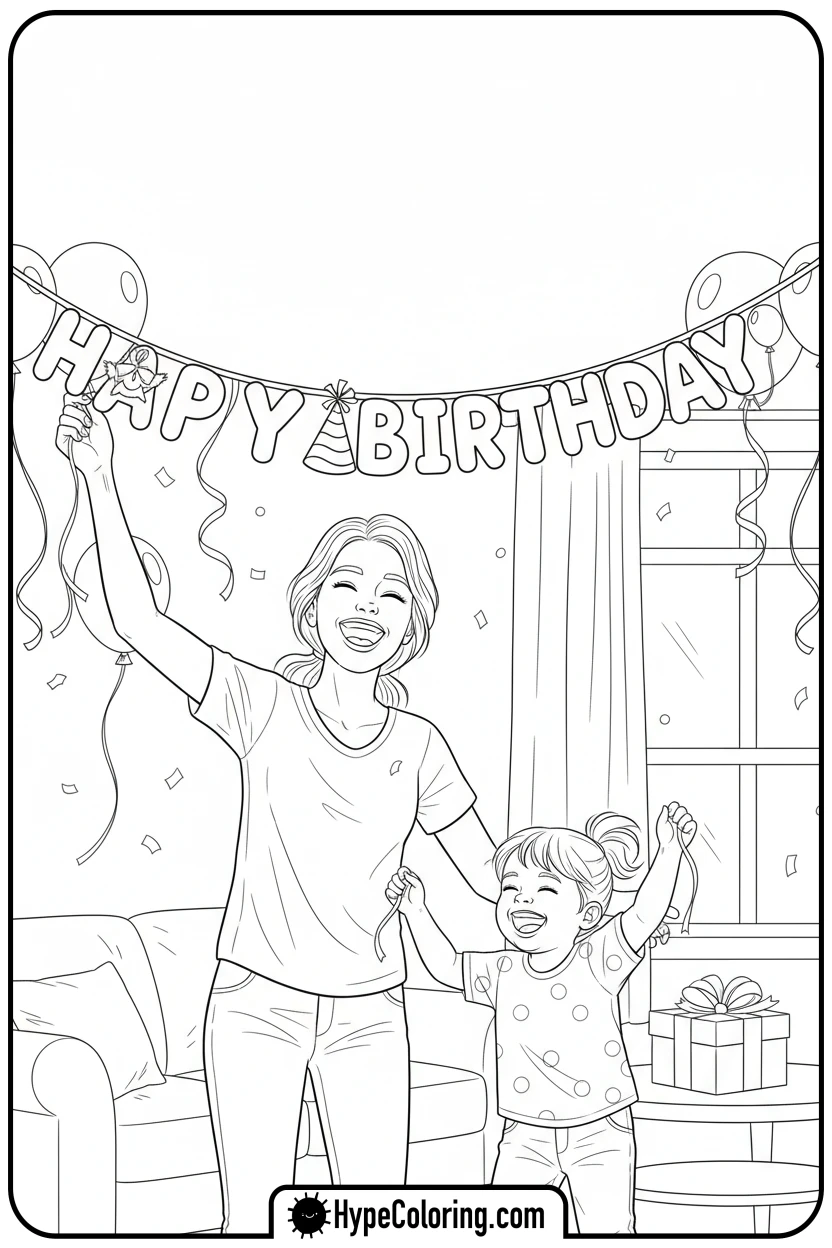 mom-and-child-decorating - happy birthday mom coloring page