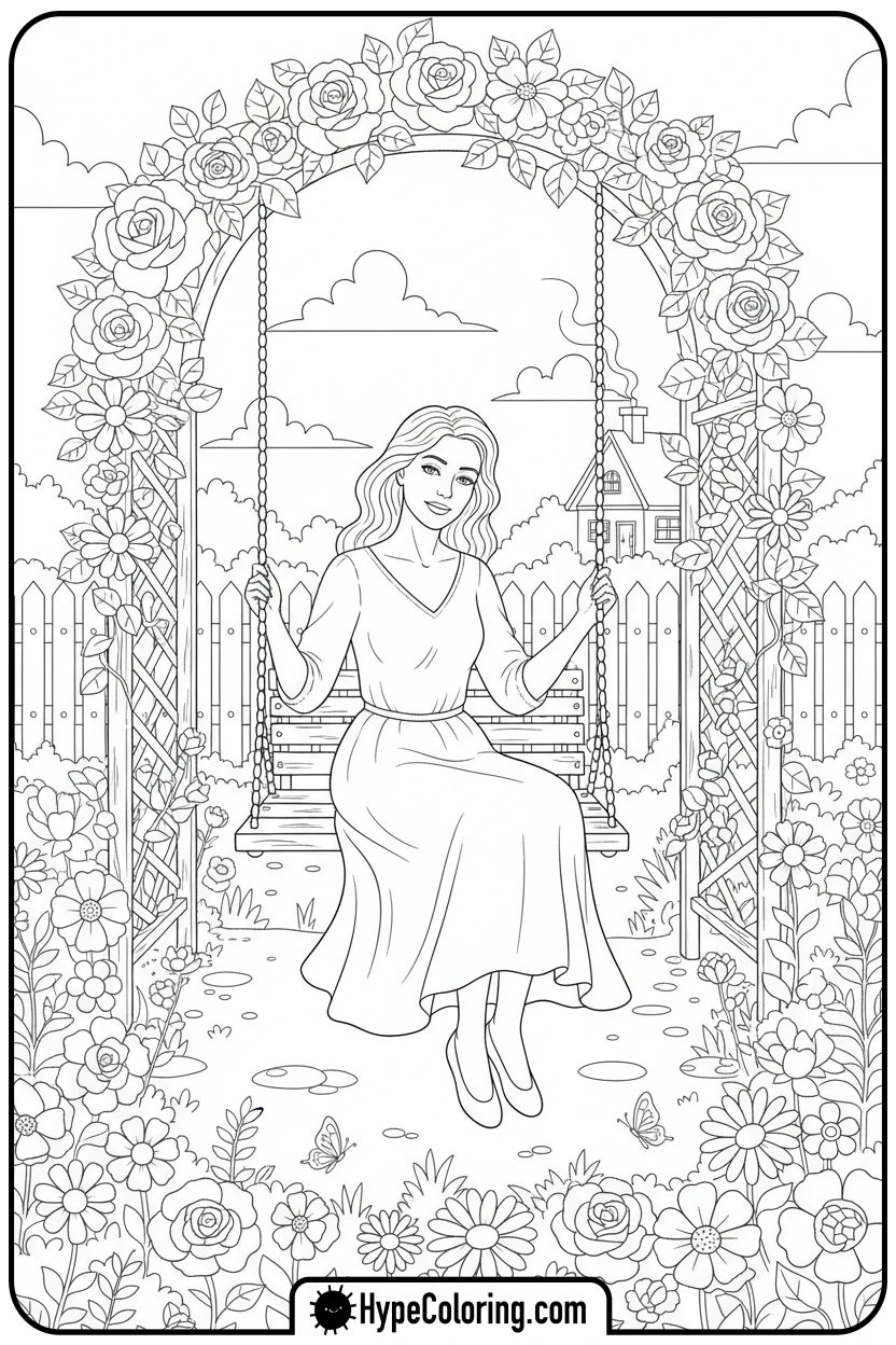 mom-on-a-garden-swing - happy birthday mom coloring page
