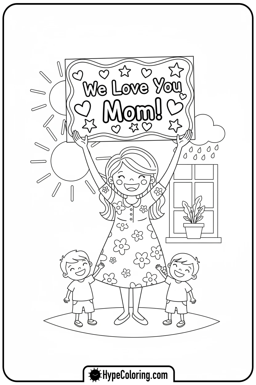 mom-holding-love-you-mom-sign - happy birthday mom coloring page