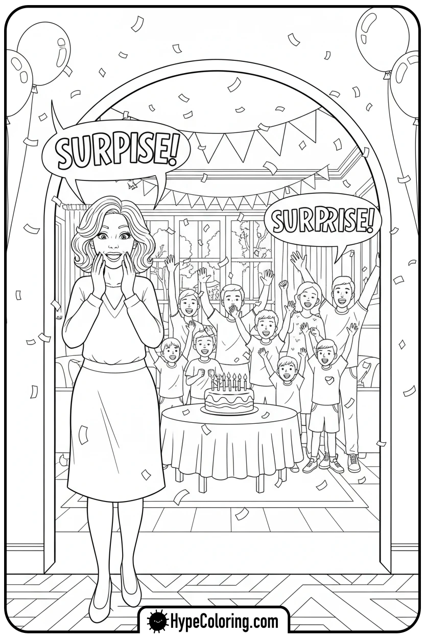 mom-at-surprise-party - happy birthday mom coloring page