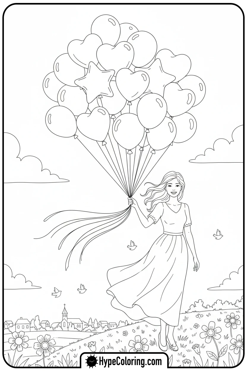 mom-with-helium-balloons - happy birthday mom coloring page
