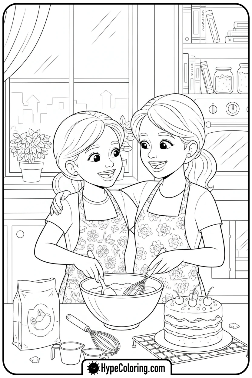 mom-and-child-baking - happy birthday mom coloring page