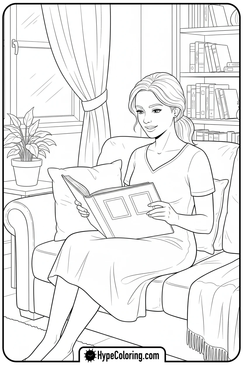 mom-looking-at-photo-album - happy birthday mom coloring page