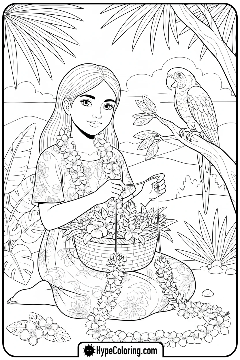 girl-making-flower-lei - hawaiian coloring pages