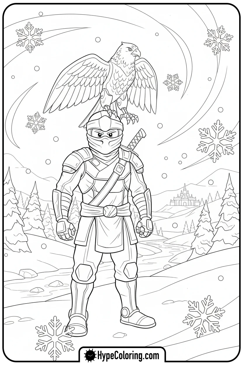 zane-with-his-falcon-in-snow - lego ninjago coloring pages