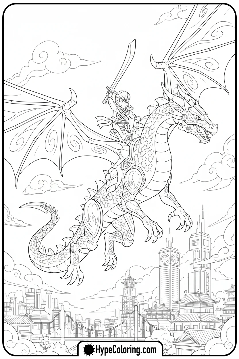 lloyd-on-green-dragon-over-city - lego ninjago coloring pages