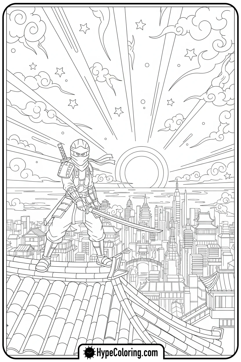 ninja-overlooking-ninjago-city-at-sunset - lego ninjago coloring pages