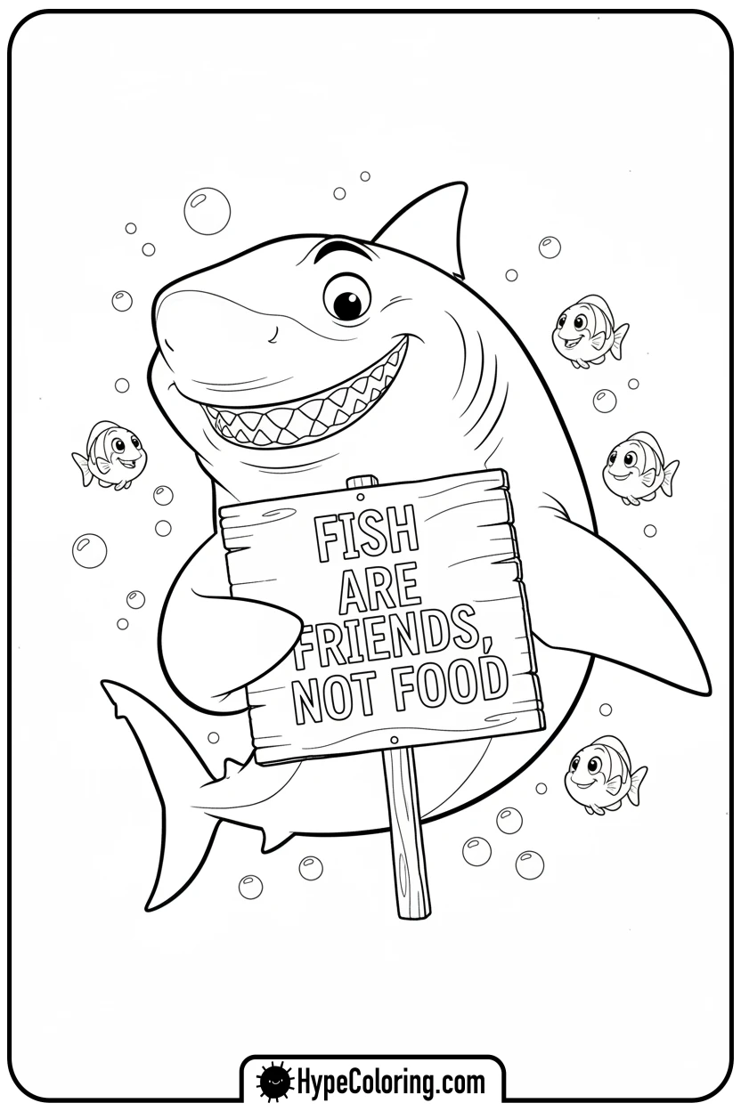 bruce-with-fish-friends-sign - finding nemo color pages