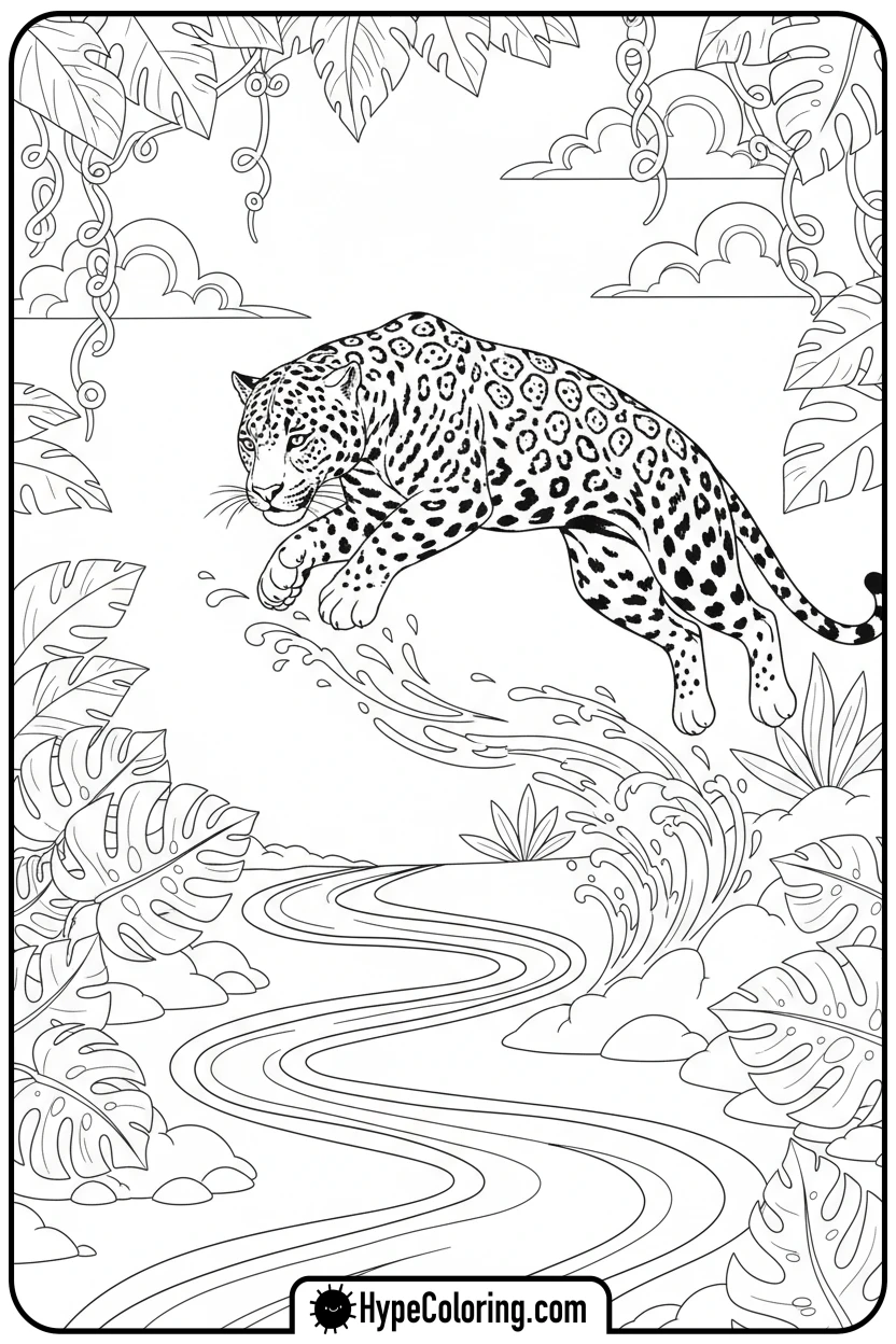 jaguar-leaping-over-river - jaguar coloring pages