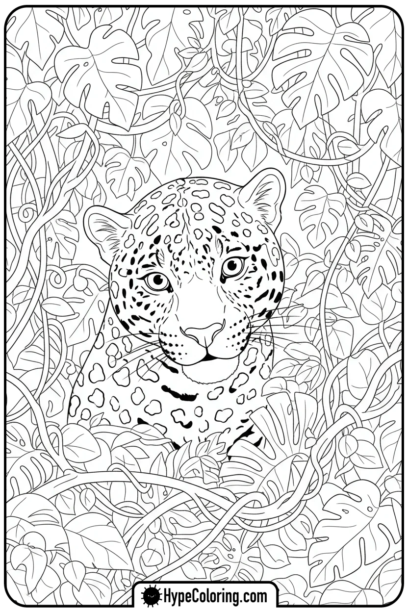 jaguar-peeking-from-vines - jaguar coloring pages