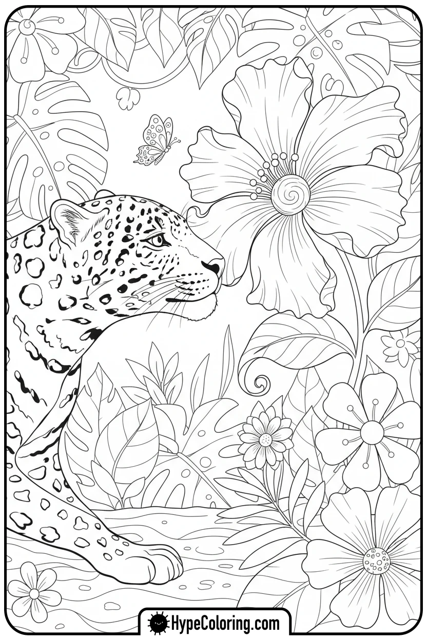 jaguar-sniffing-flower - jaguar coloring pages