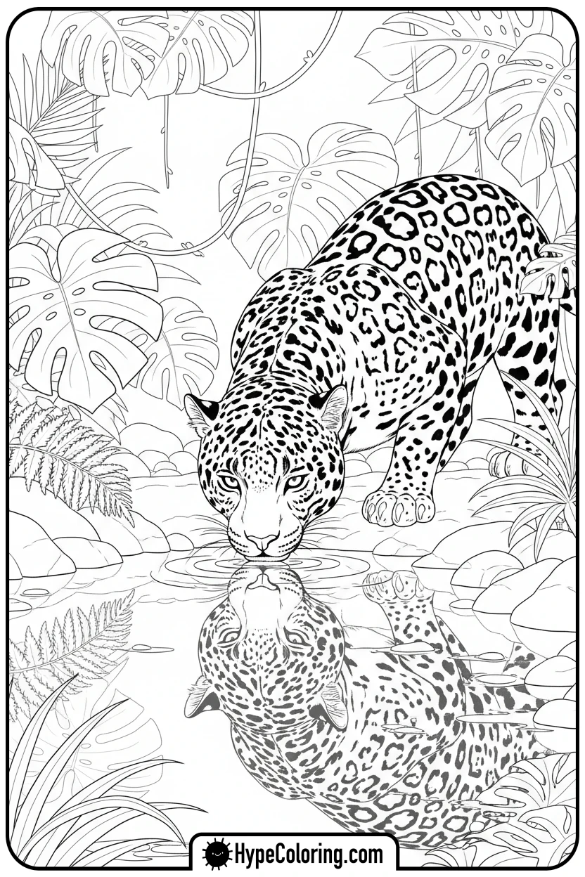 jaguar-drinking-from-stream - jaguar coloring pages