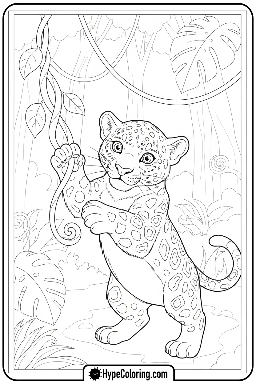 jaguar-cub-batting-vine - jaguar coloring pages