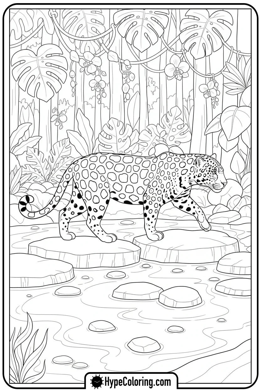 jaguar-walking-on-stepping-stones - jaguar coloring pages