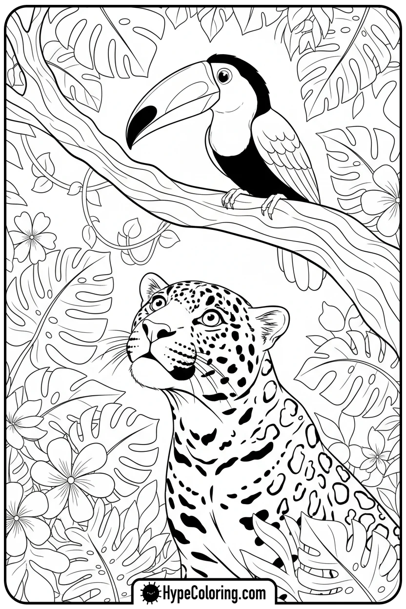jaguar-looking-at-toucan - jaguar coloring pages