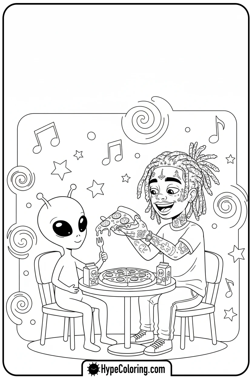 Click to download PDF juice-wrld-sharing-pizza-with-alien - juice wrld color page