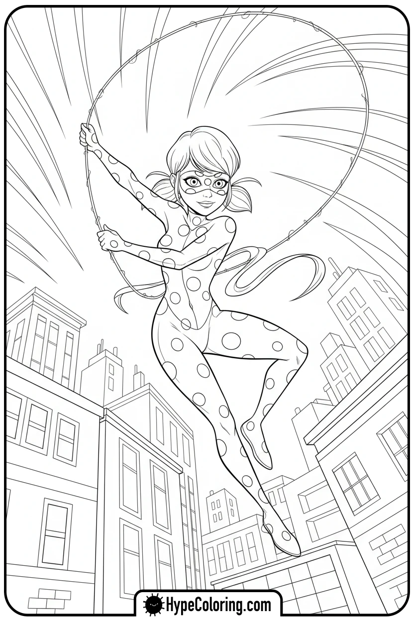 ladybug-swinging-through-city - ladybug miraculous coloring pages
