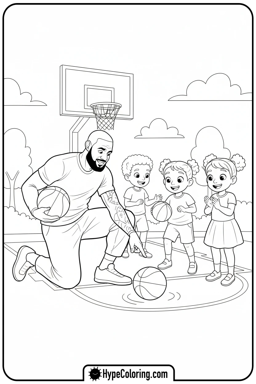 lebron-teaching-kids-basketball - lebron james coloring page