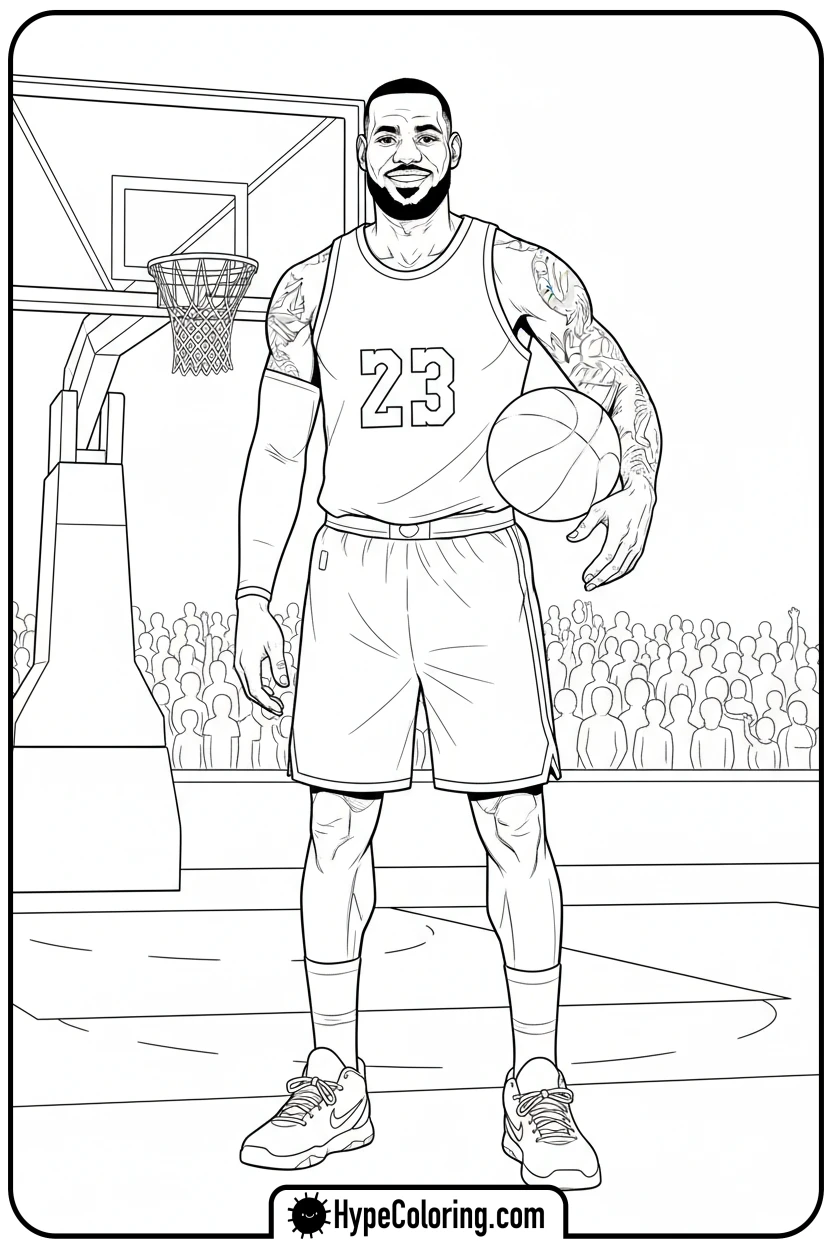 lebron-smiling-with-basketball - lebron james coloring page