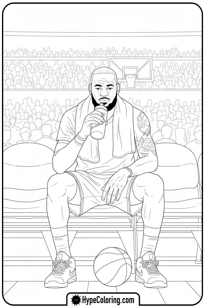 lebron-on-bench-with-water - lebron james coloring page