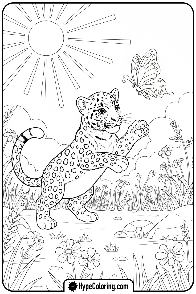 leopard-cub-playing-with-butterfly - leopard coloring page