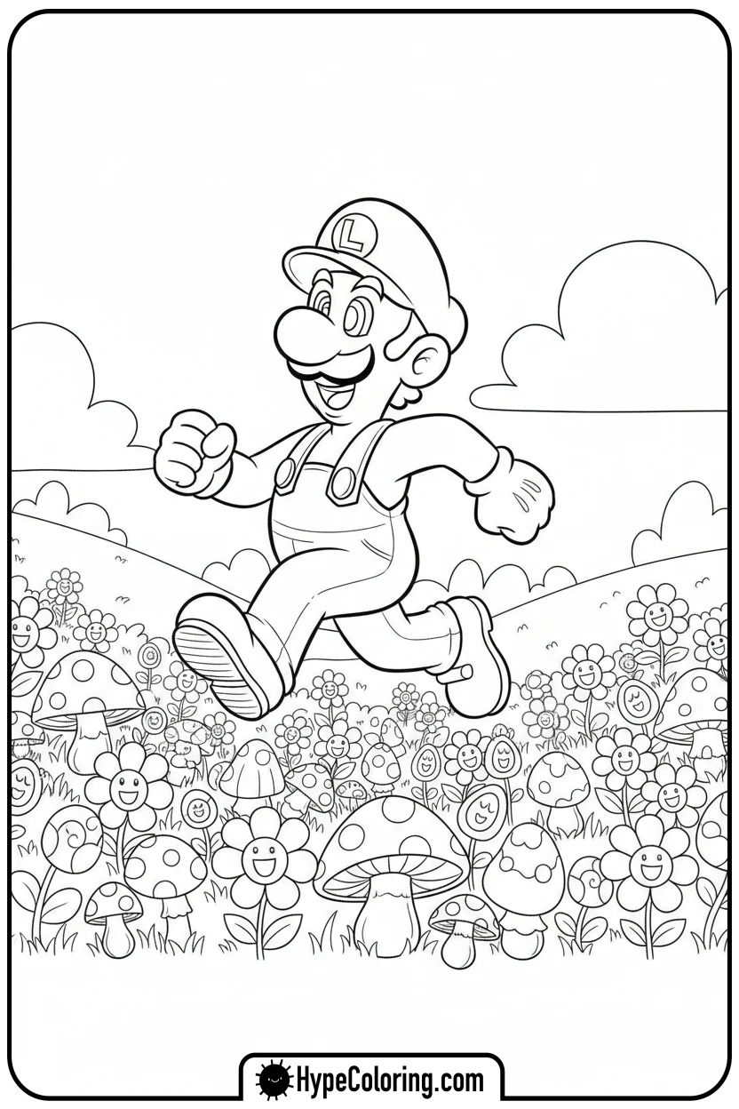 luigi-running-through-mushrooms - luigi mario coloring pages