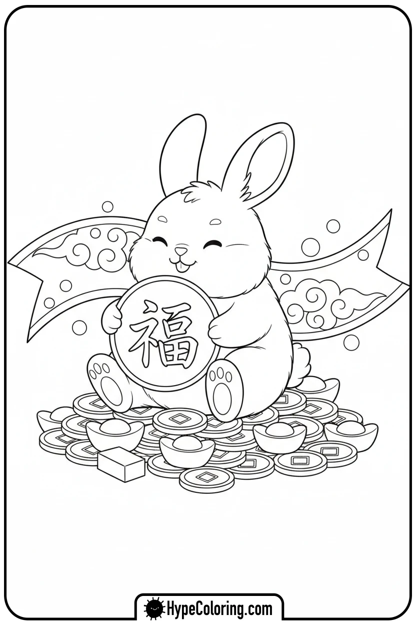 zodiac-rabbit-with-gold-coins - lunar new year coloring pages