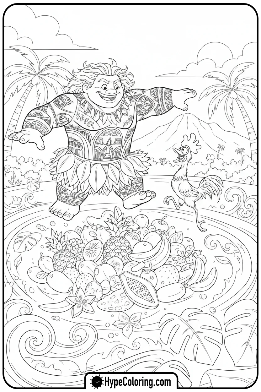 maui-chasing-heihei-around-fruit - maui coloring pages