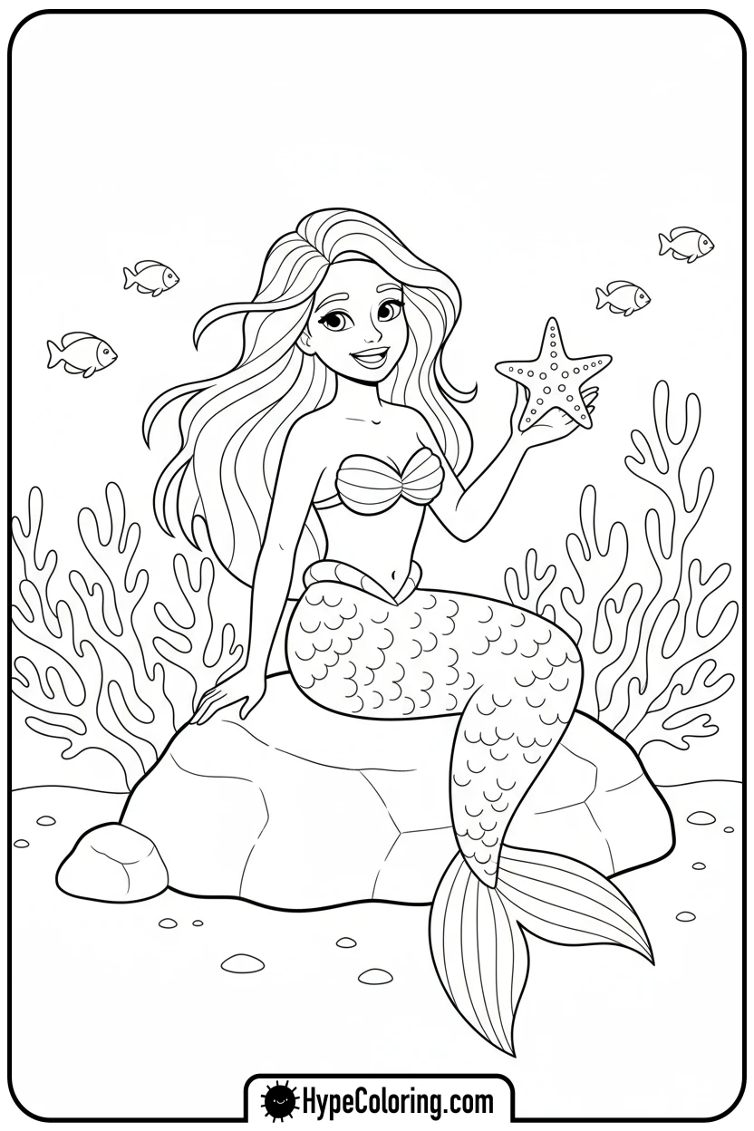 Click to download PDF mermaid-sitting-on-rock-with-starfish - mermaid coloring pages printable