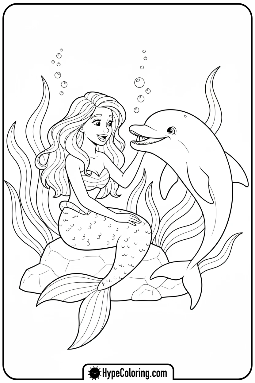 Click to download PDF mermaid-talking-to-a-friendly-dolphin - mermaid coloring pages printable