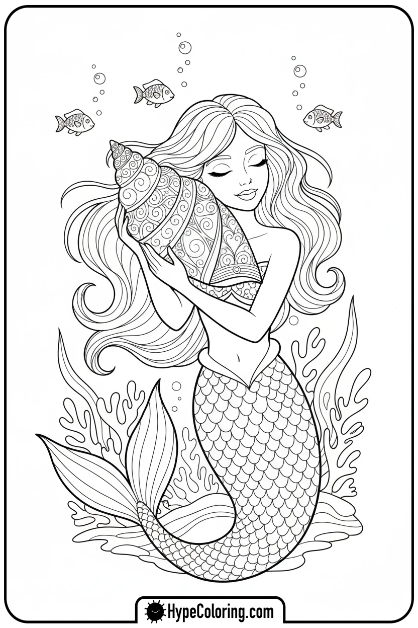 Click to download PDF mermaid-listening-to-a-conch-shell - mermaid coloring pages printable
