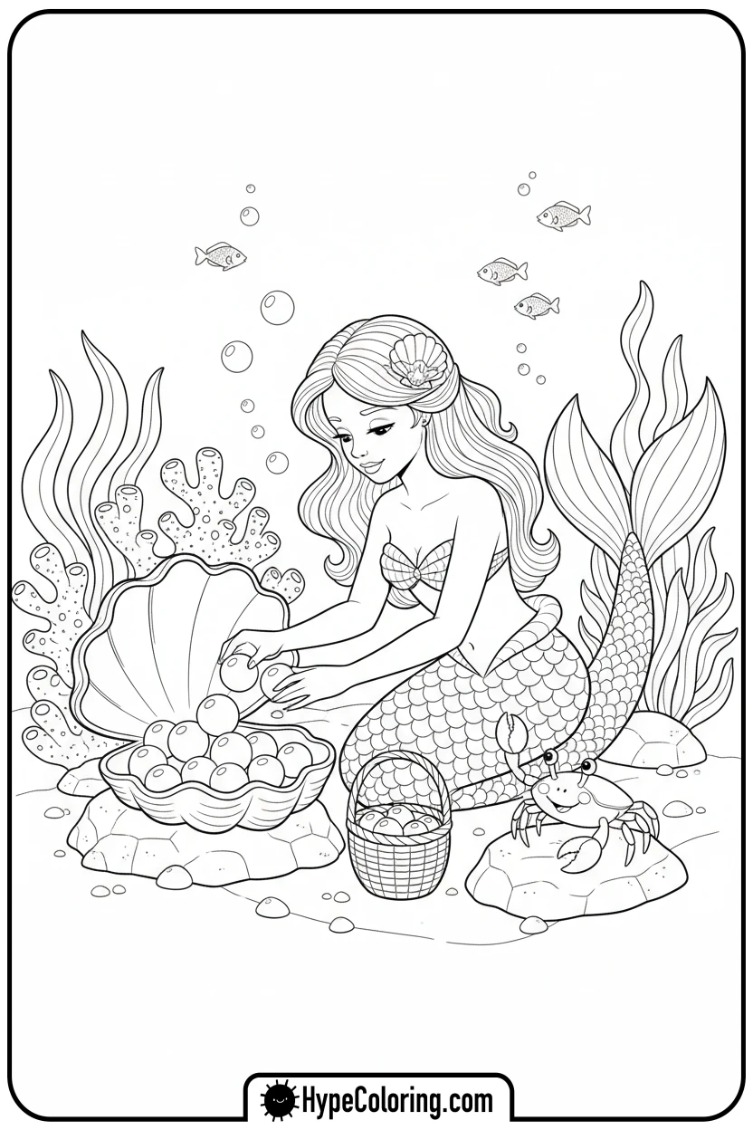 Click to download PDF mermaid-collecting-pearls-from-clam - mermaid coloring pages printable